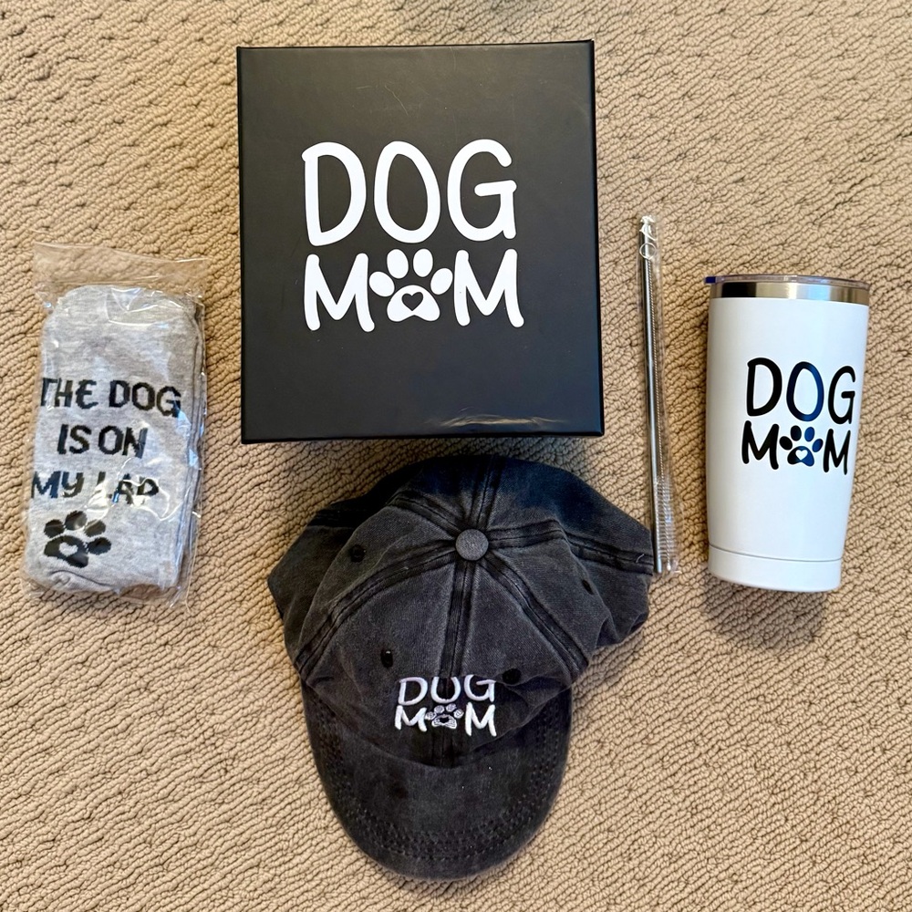 New in Box! Dog Mom Essentials Set - Hat , socks, water bottle, and straw.